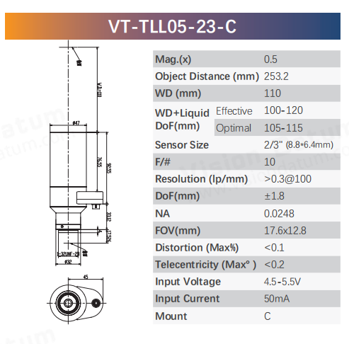 2/3-inch liquid telecentric lens for PCB inspection and automated optical inspection systems