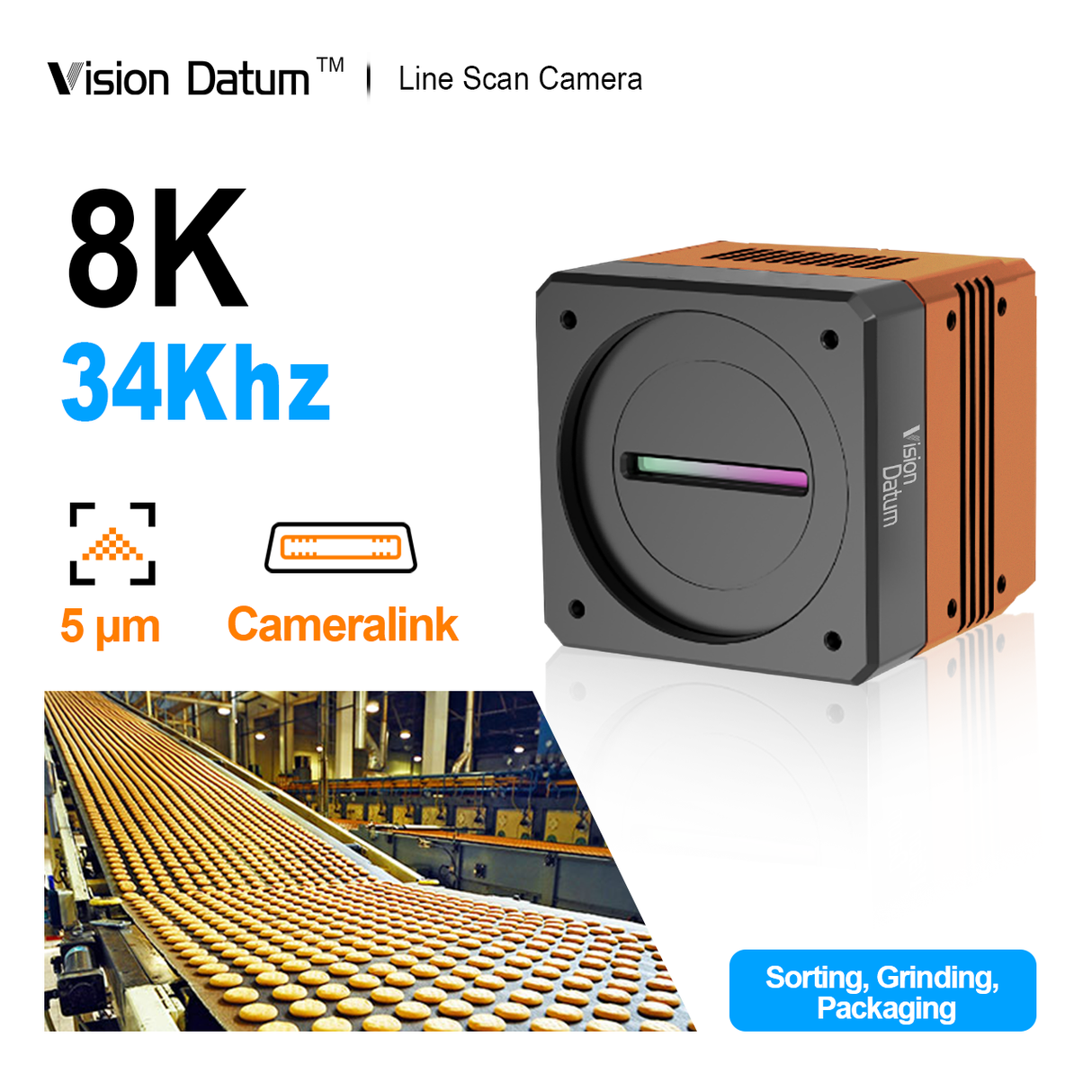 8K 34Khz 5μm M72 Mount CameraLink Line Scan Camera