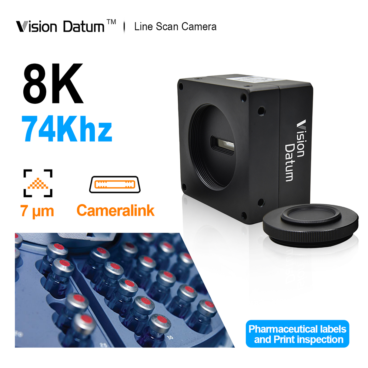 8K 74Khz 7μm M72 Mount CameraLink Line Scan Camera