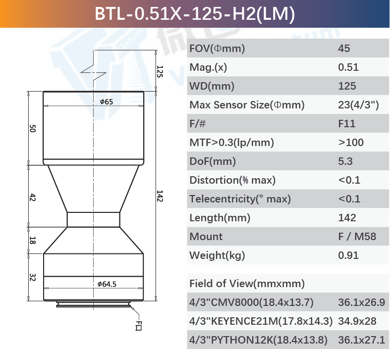 F11 M58 F-Mount Bi-telecentric Machine Vision Lenses Excellent Resolution