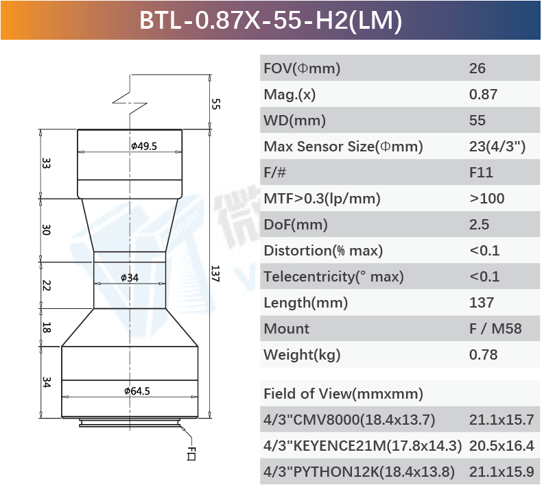 F11 M58 F-Mount Bi-telecentric Machine Vision Lenses Excellent Resolution