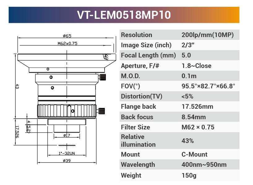 2/3'' 10MP C-Mount Fixed for 400-950nm Machine Vision