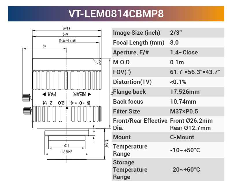 2/3'' 10MP C-Mount Fixed for 400-950nm Machine Vision