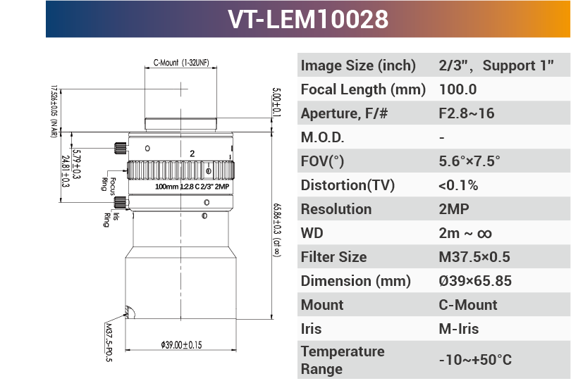 2/3'' 10MP C-Mount Fixed for 400-950nm Machine Vision