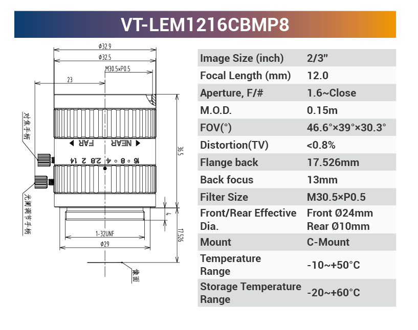 2/3'' 10MP C-Mount Fixed for 400-950nm Machine Vision