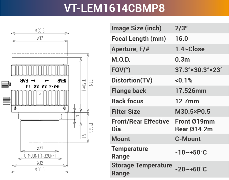 2/3'' 10MP C-Mount Fixed for 400-950nm Machine Vision