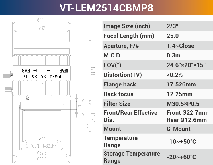 2/3'' 10MP C-Mount Fixed for 400-950nm Machine Vision