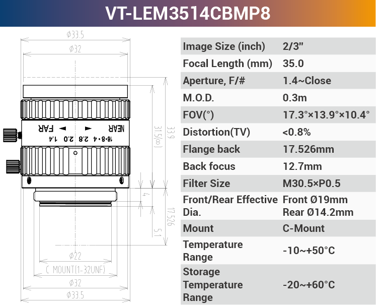 2/3'' 10MP C-Mount Fixed for 400-950nm Machine Vision