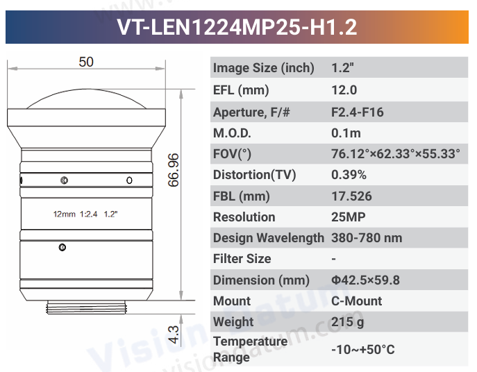 25MP 1.2" f2.4 380-780nm C-mount Industrial Fixed Lens | LENxxMP25-H1.2 - Vision Datum