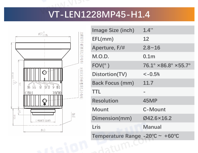 1.4" 45MP F2.8–F16 C-Mount Industrial Fixed Lens | VT-LENxxMP45-H1.4 - Vision Datum