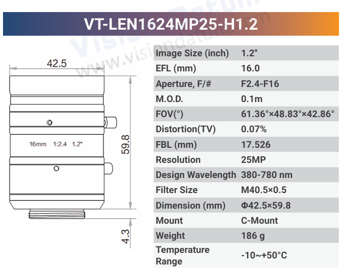 25MP 1.2" f2.4 380-780nm C-mount Industrial Fixed Lens | LENxxMP25-H1.2 - Vision Datum