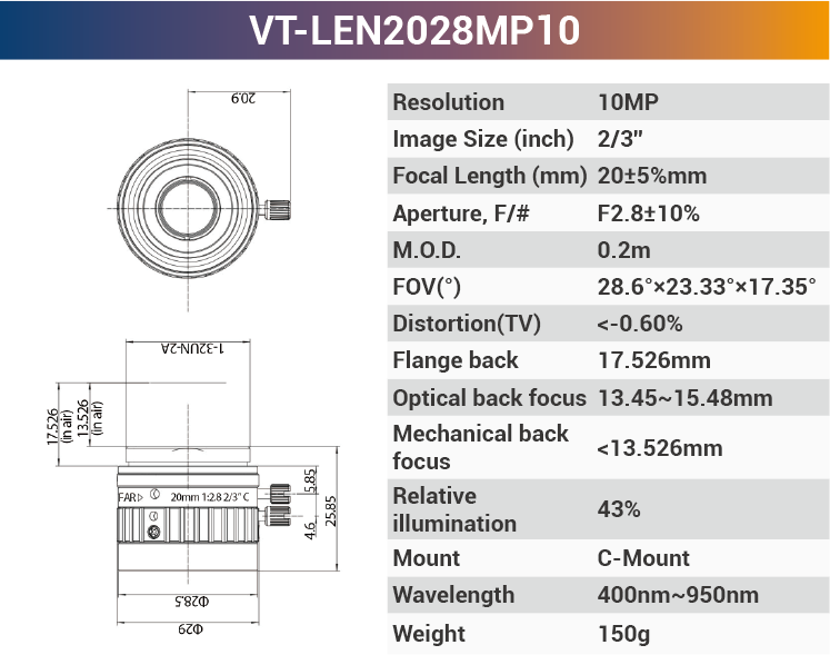 2/3'' 10MP C-Mount Fixed for 400-950nm Machine Vision