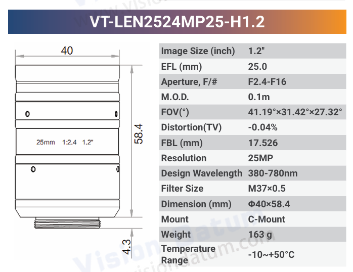 25MP 1.2" f2.4 380-780nm C-mount Industrial Fixed Lens | LENxxMP25-H1.2 - Vision Datum