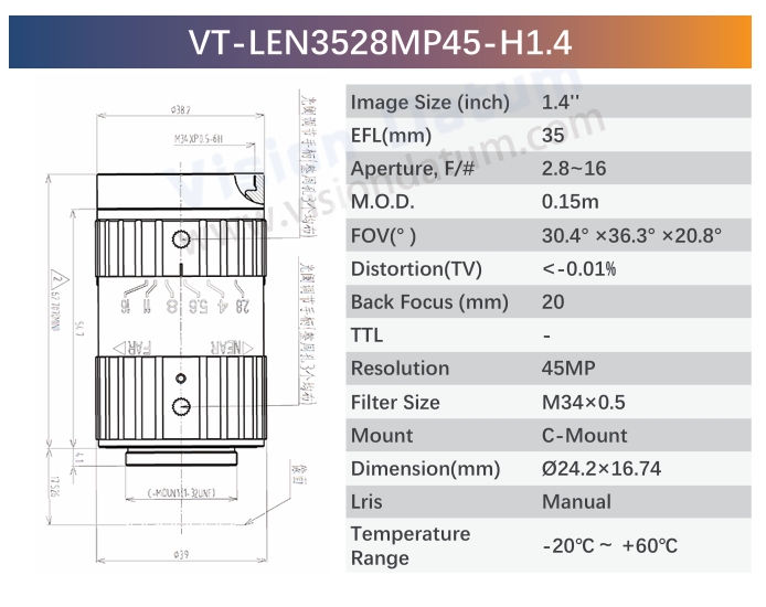 1.4" 45MP F2.8–F16 C-Mount Industrial Fixed Lens | VT-LENxxMP45-H1.4 - Vision Datum