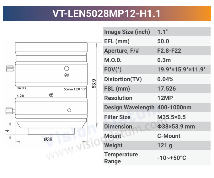 VT-LENxxMP12-H1.1 12MP 1.1'' Visible & NIR 400-1000nm C-Mount Fixed Lens | 12mm 16mm 50mm - Vision Datum