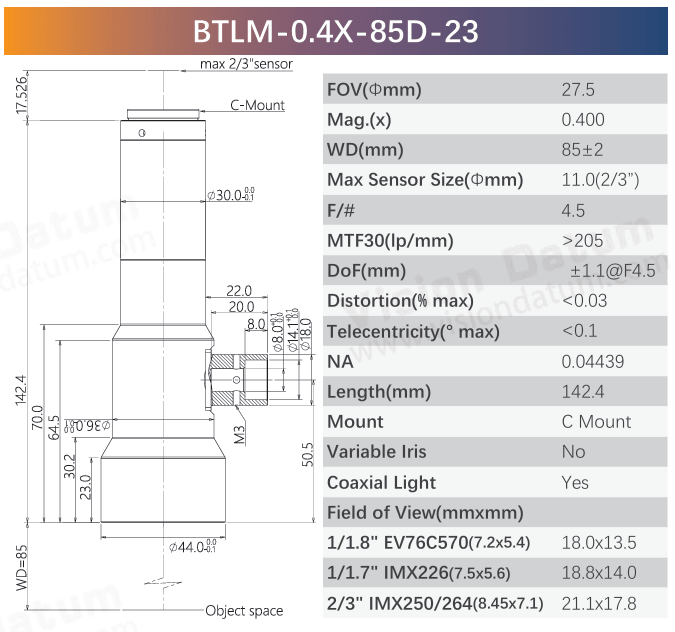 BTLM-23 Coaxial Optional 2/3" C-Mount Telecentric Lens for Precise Inspection - Vision Datum