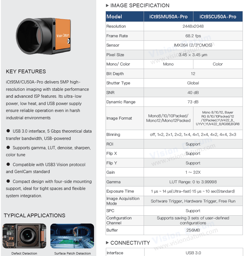 High Resolution 5MP Color USB3.0 Global Shutter Camera iCt9SCU50A-PRO - Vision Datum