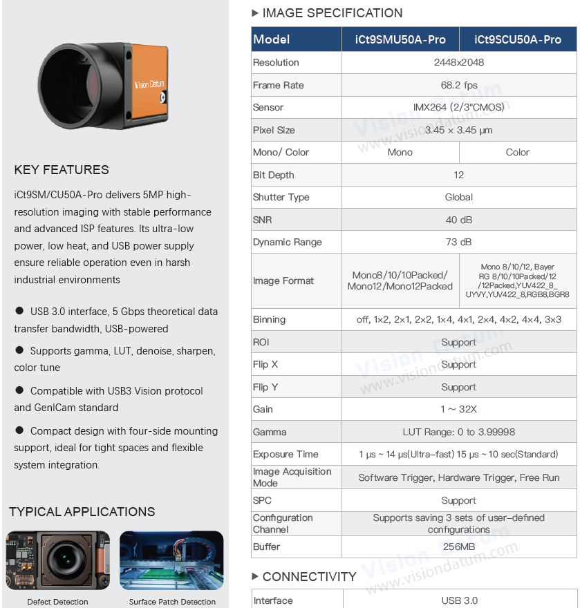 High Resolution 5MP Color USB3.0 Global Shutter Camera iCt9SCU50A-PRO