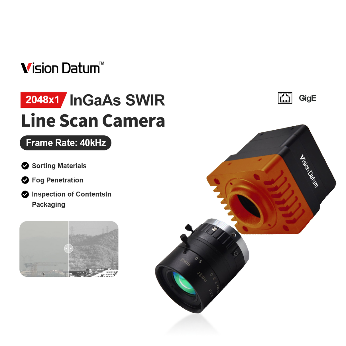 2048 x 1 Resolution 950-1700nm InGaAs SWIR Line Scan Camera 40kHz GigE M42 Lens