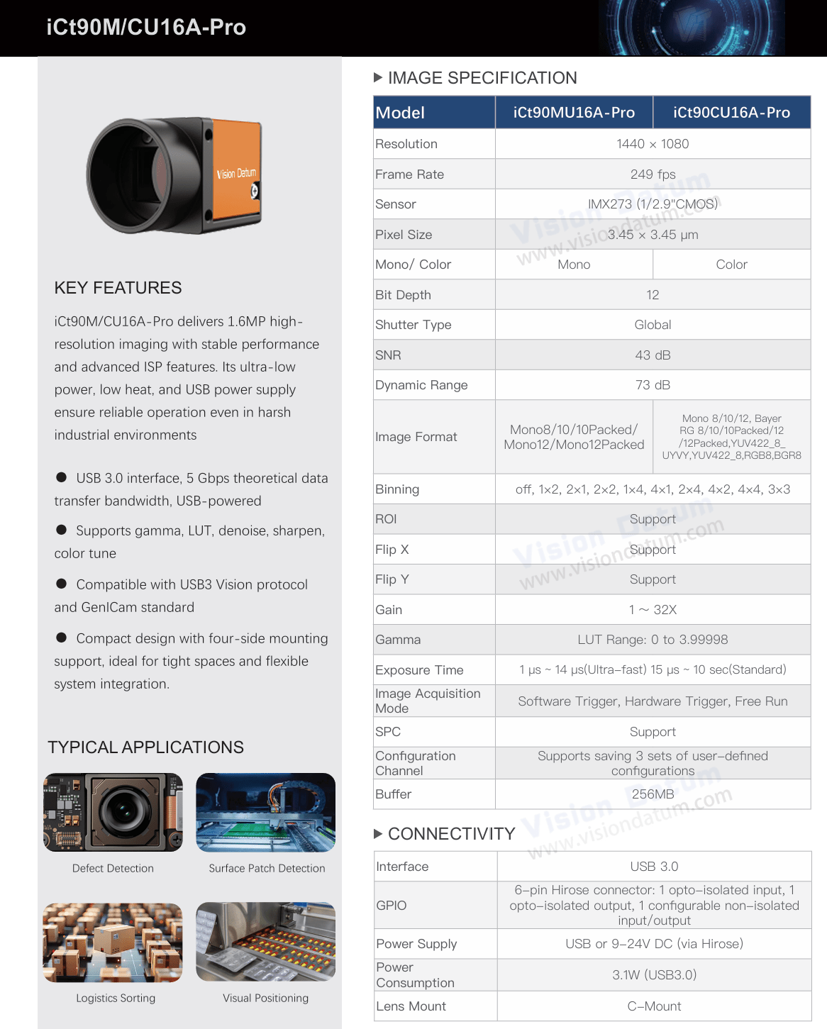 Upgraded 1.6MP 250FPS IMX273 USB3.0 Area Scan Camera iCt90CU16A-Pro - Vision Datum
