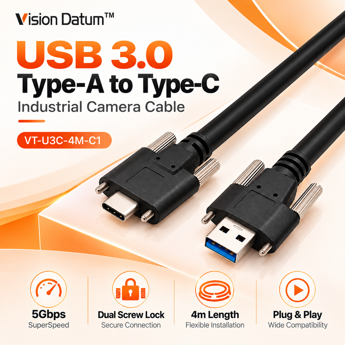 VT-U3C-4M-C1 4m USB 3.0 Type-A to USB-C Dual Screw Lock Industrial Camera Cable