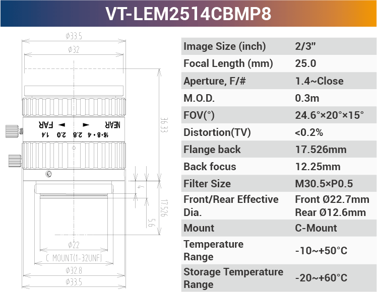 2/3'' 8MP 400-950nm C-Mount Fixed Lenses VT-LEM0814CBMP8 - Vision Datum