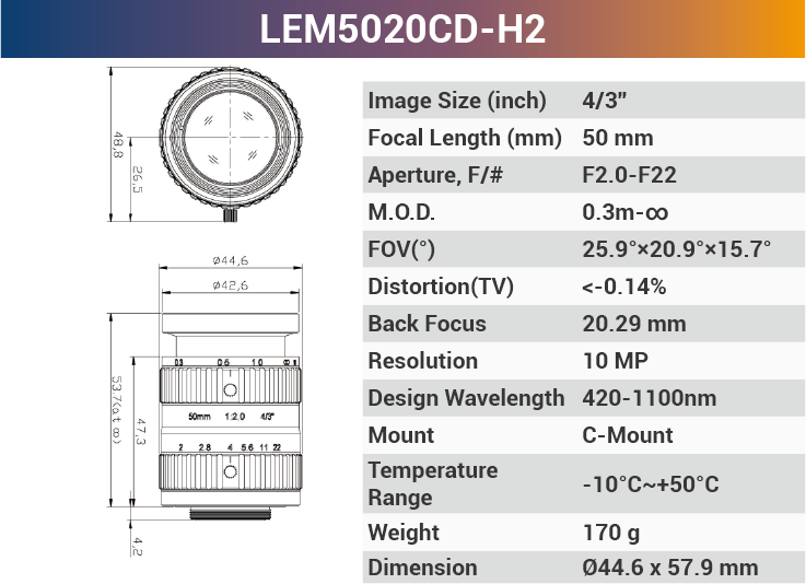 4/3'' 10MP C-Mount Ultra Low Distortion CCTV lens For Machine Industrial Camera - Vision Datum