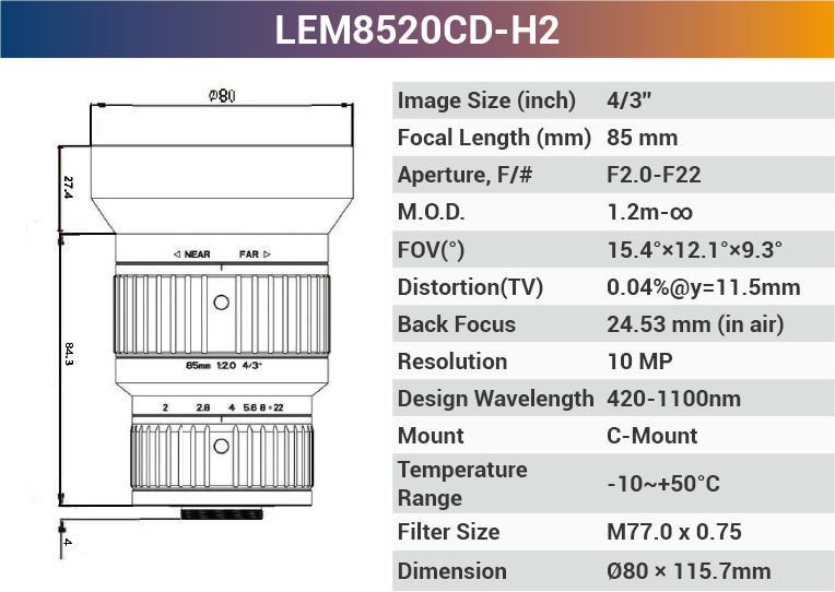 4/3'' 10MP C-Mount Ultra Low Distortion CCTV lens For Machine Industrial Camera - Vision Datum