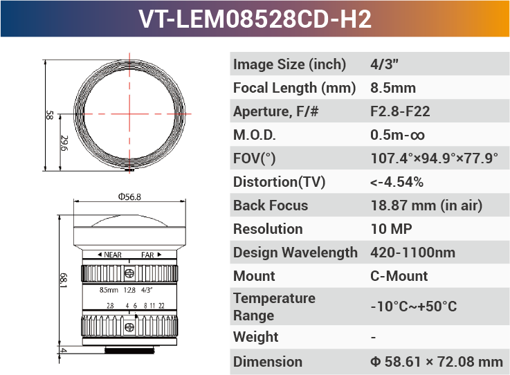 4/3'' 10MP C-Mount Ultra Low Distortion CCTV lens For Machine Industrial Camera - Vision Datum