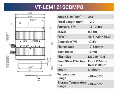 2/3'' 8MP C-Mount Fixed Lenses for 420-1150nm - Vision Datum