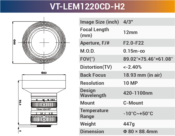 4/3'' 10MP C-Mount Ultra Low Distortion CCTV lens For Machine Industrial Camera - Vision Datum