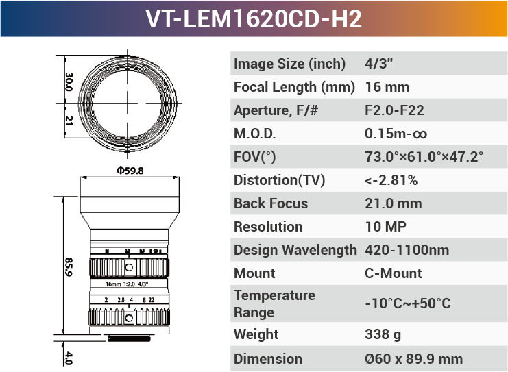 4/3'' 10MP C-Mount Ultra Low Distortion CCTV lens For Machine Industrial Camera - Vision Datum