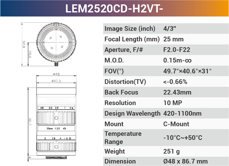 4/3'' 10MP C-Mount Ultra Low Distortion CCTV lens For Machine Industrial Camera - Vision Datum