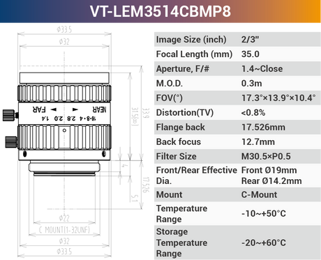 2/3'' 8MP C-Mount Fixed Lenses for 420-1150nm - Vision Datum