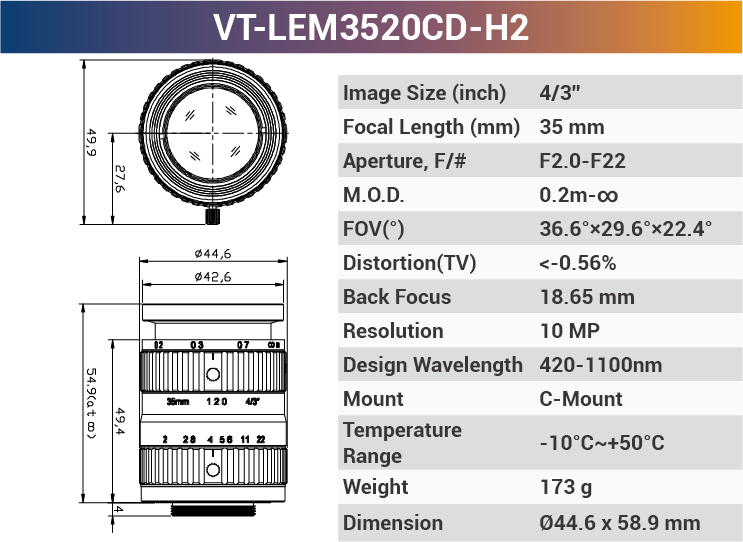 4/3'' 10MP C-Mount Ultra Low Distortion CCTV lens For Machine Industrial Camera - Vision Datum