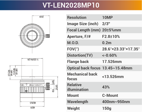2/3'' 8MP C-Mount Fixed Lenses for 420-1150nm - Vision Datum