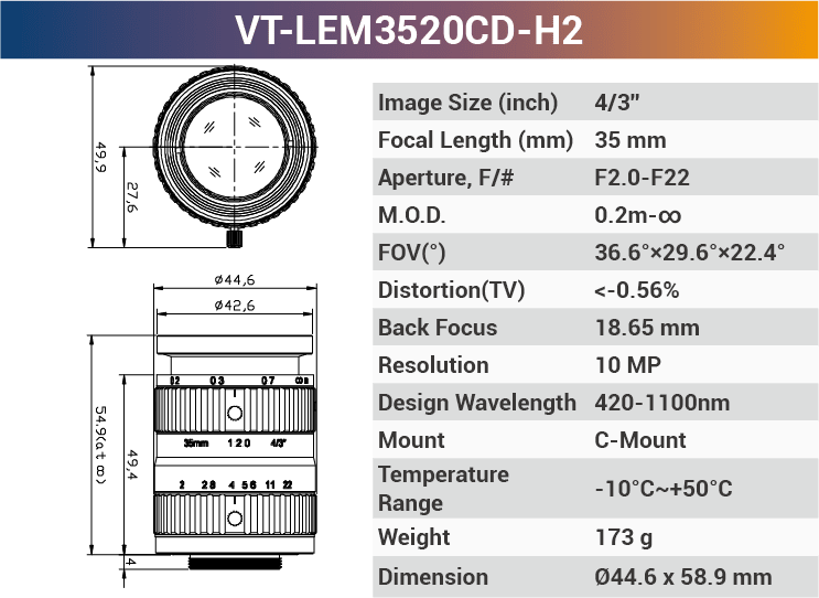 VT-LEM-CD-H2 4/3" 10MP C-Mount Fixed Lens 400–700nm – Low Distortion Industrial Lens - Vision Datum