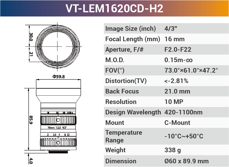 VT-LEM-CD-H2 4/3" 10MP C-Mount Fixed Lens 400–700nm – Low Distortion Industrial Lens - Vision Datum