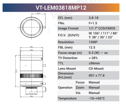 1/1.7" 12MP CS - Mount Zoom Lenses - Vision Datum