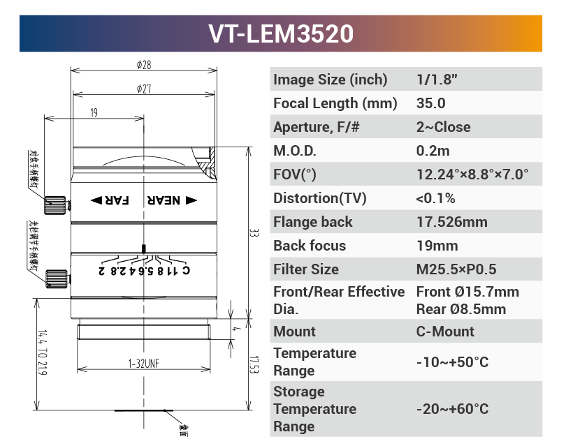 1/1.8'' 5MP Fixed Focal Industrial Lens - Vision Datum