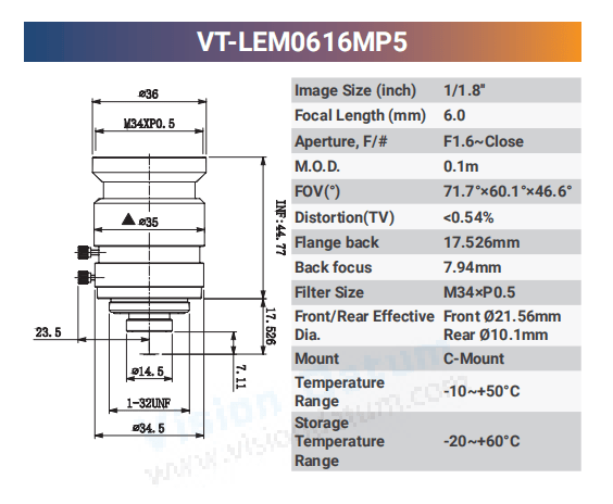 1/1.8'' 5MP Fixed Focal Industrial Lens - Vision Datum