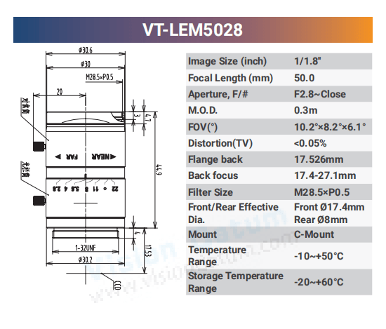 1/1.8'' 5MP Fixed Focal Industrial Lens - Vision Datum