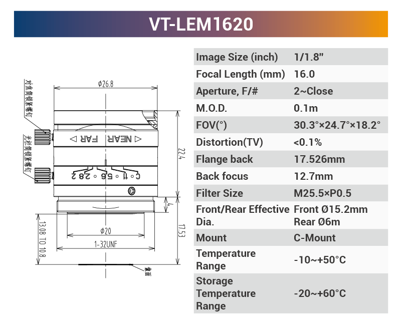 1/1.8'' 5MP Fixed Focal Industrial Lens - Vision Datum