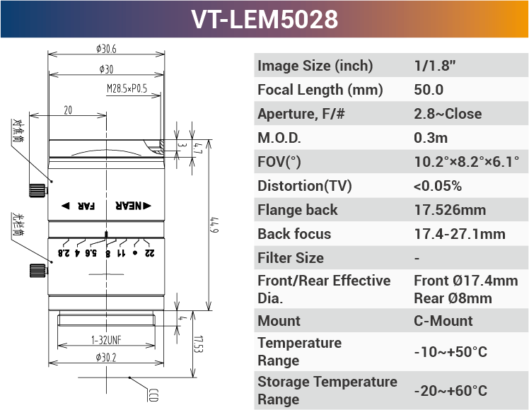 1/1.8'' 5MP Fixed Focal Industrial Lens - Vision Datum