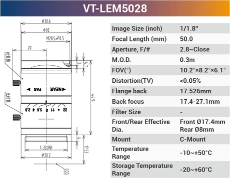 1/1.8'' 5MP Fixed Focal Industrial Lens - Vision Datum