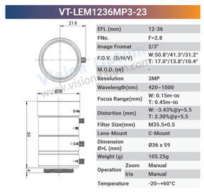 12-36mm 10MP 2/3" C-Mount Manual Zoom Iris Lenses VT-LEM1236MP10 - Vision Datum