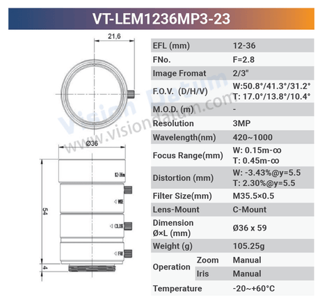 12-36mm 10MP 2/3" C-Mount Manual Zoom Iris Lenses VT-LEM1236MP10 - Vision Datum