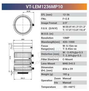 12-36mm 10MP 2/3" C-Mount Manual Zoom Iris Lenses VT-LEM1236MP10 - Vision Datum