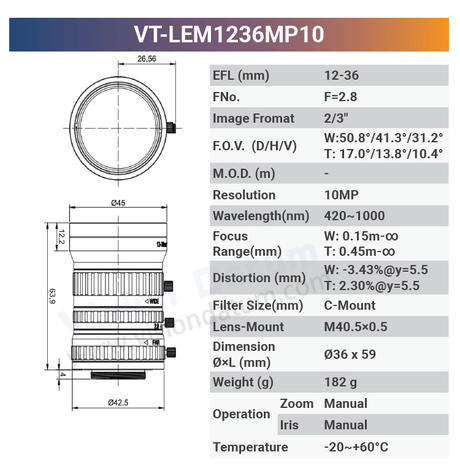 12-36mm 10MP 2/3" C-Mount Manual Zoom Iris Lenses VT-LEM1236MP10 - Vision Datum