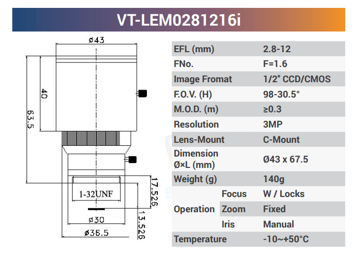 1/2" 3MP C - Mount Zoom Lenses With IR - Vision Datum